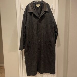 Vtg EDDIE BAUER Wool Glenn Plaid Leather Trim Overcoat Trench Coat MENS XL